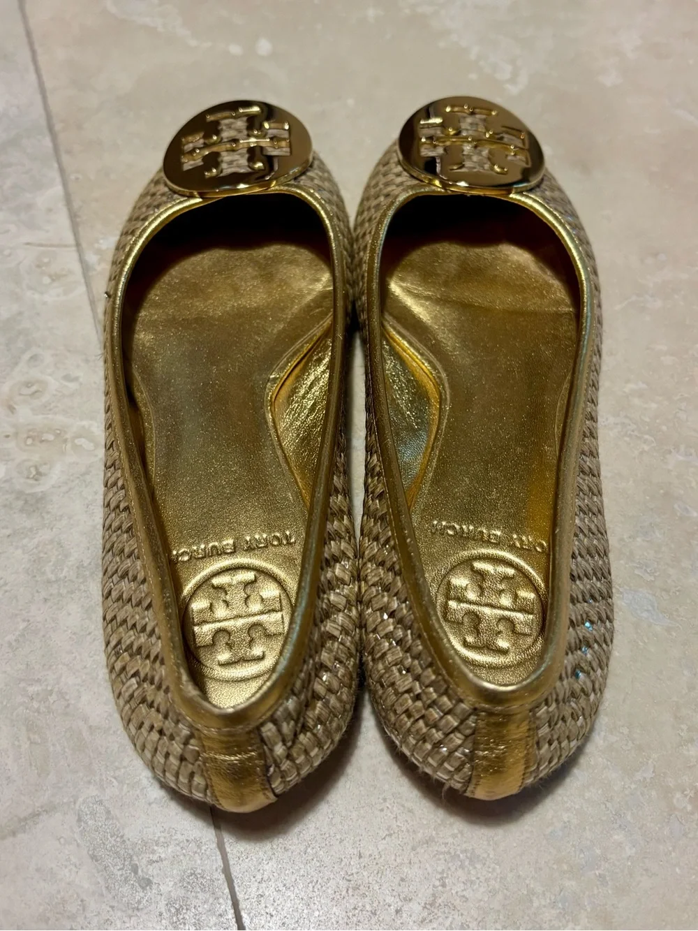 Tory Burch Reva Gold Woven Medallion Logo Leather Ballet Flats size 5